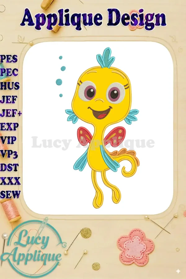 A vibrant Pout-Pout Fish applique design featuring a cheerful yellow fish with blue fins and red details.