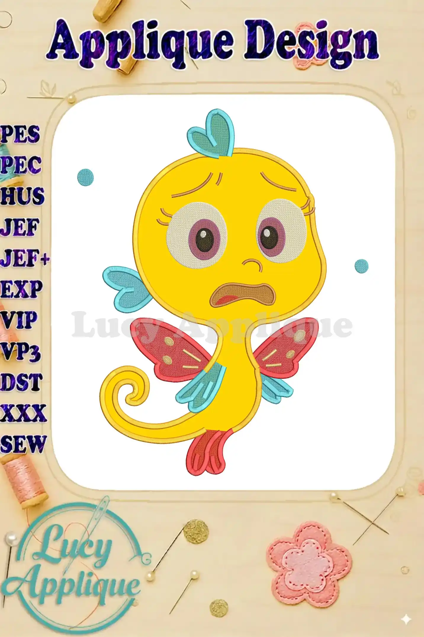 A vibrant applique embroidery of a yellow Pout-Pout Fish character with a worried expression and colorful fins.