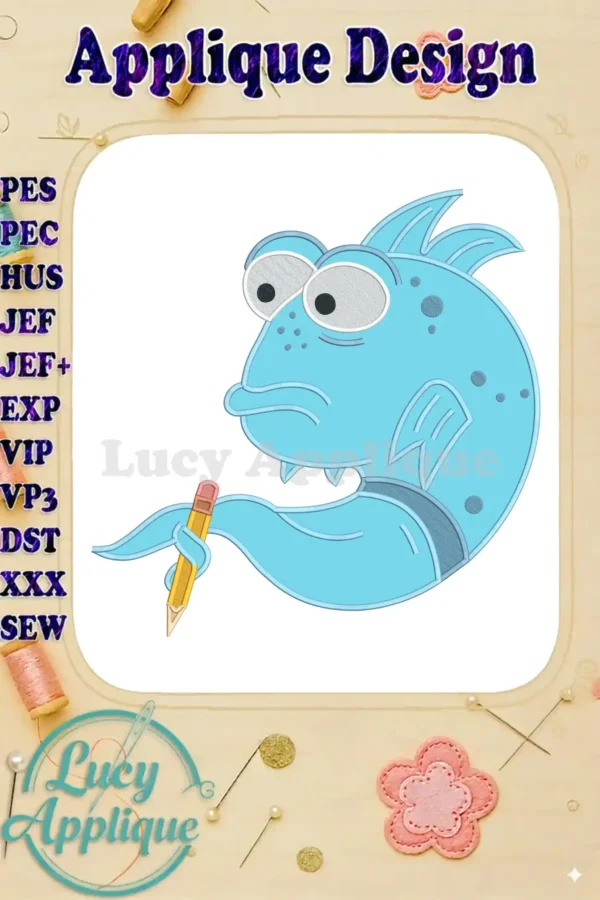 An adorable light blue Pout-Pout Fish applique embroidery design, holding a yellow pencil, with expressive eyes.
