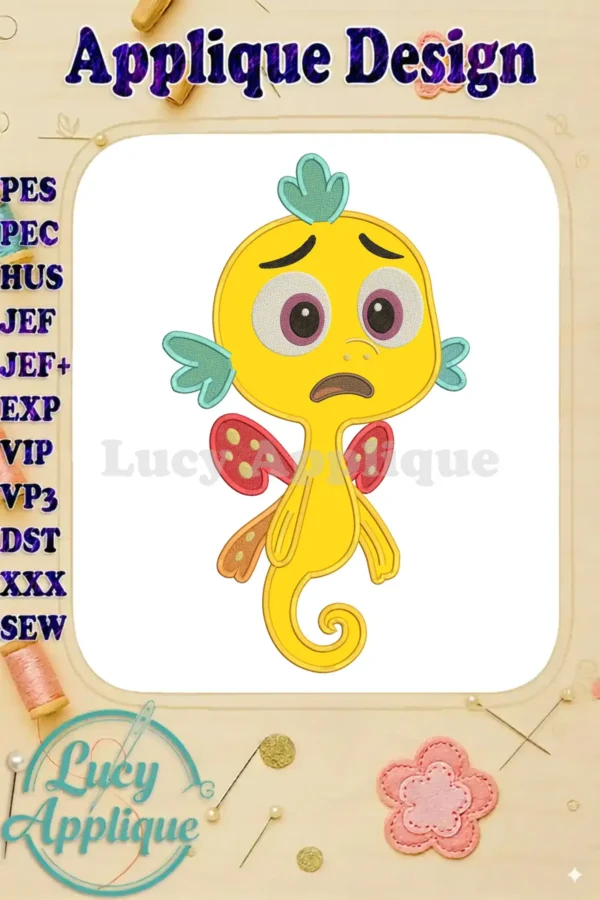 A vibrant Pout-Pout Fish applique embroidery design with a melancholic expression, featuring yellow body and red fins.
