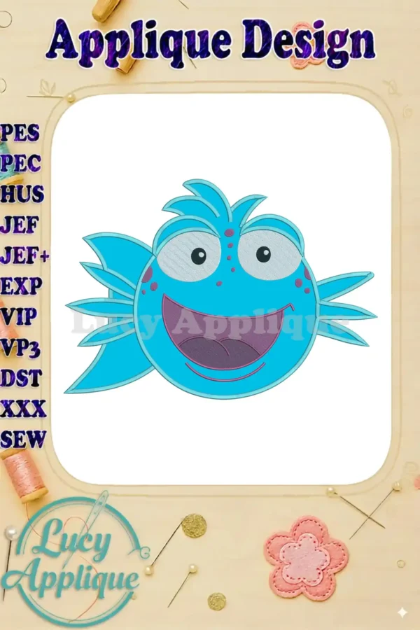 Vibrant blue friendly fish applique design with a wide purple smile, big eyes, and playful spots from The Pout-Pout Fish series.