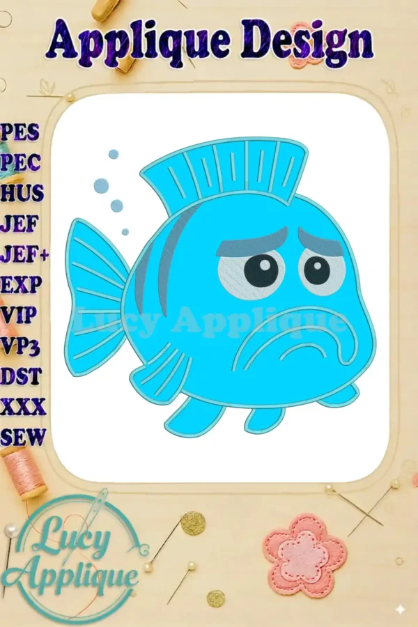 A vibrant blue applique embroidery design of The Pout-Pout Fish with a sad, worried expression.