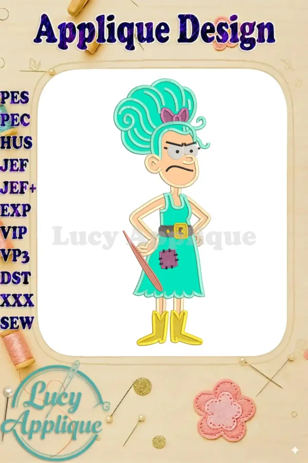 A detailed applique embroidery design of Miss Twit from Roald Dahl's 'The Twits,' featuring teal hair, a patched dress, and an angry expression, holding a stick.