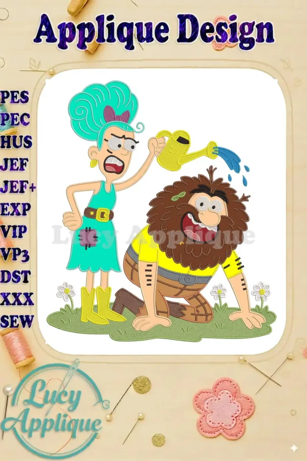 Vibrant applique embroidery of Mrs. Twit pouring water on a surprised Mr. Twit, from the classic 'The Twits' tale.