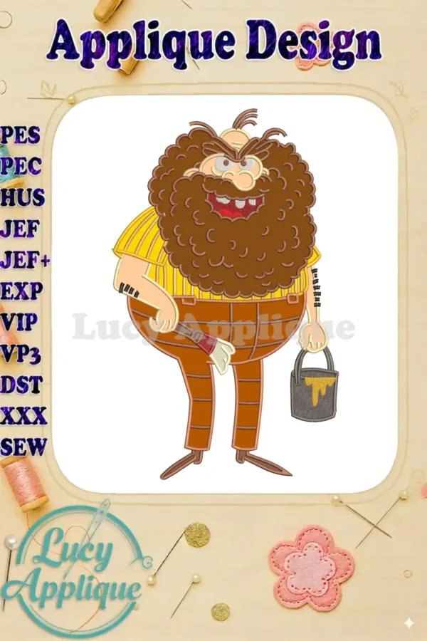 A vibrant appliqué embroidery featuring Mr. Twit from 'The Twits', holding a paintbrush and yellow paint bucket.