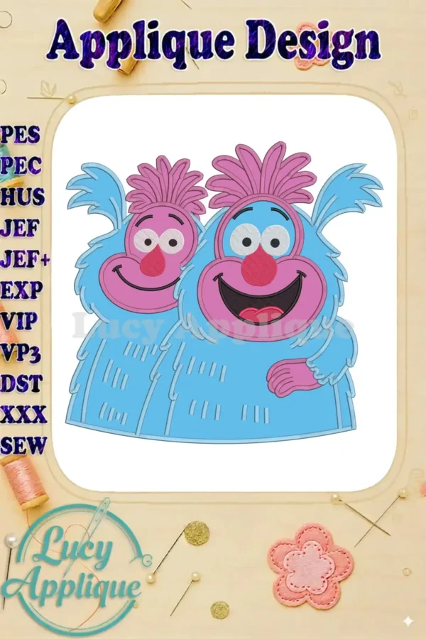 Two cheerful blue Muggle-Wumps from The Twits, with pink faces and hair, rendered as a playful applique embroidery design.