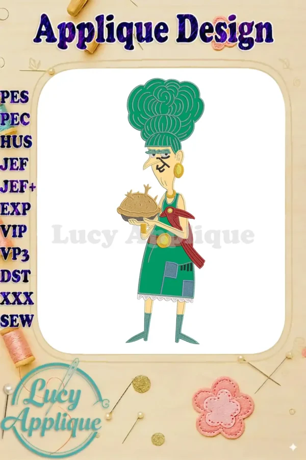 A detailed applique embroidery design of Mrs. Twit from The Twits, holding a pie with a red bird on her arm.