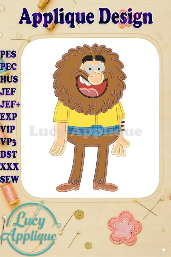Vibrant Mr. Twit applique embroidery design, featuring his messy brown beard, yellow shirt, and blue belt, smiling broadly.