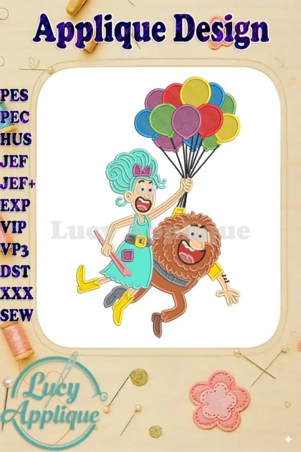 A vibrant applique embroidery design featuring Mr. and Mrs. Twit flying with a large bunch of colorful balloons.
