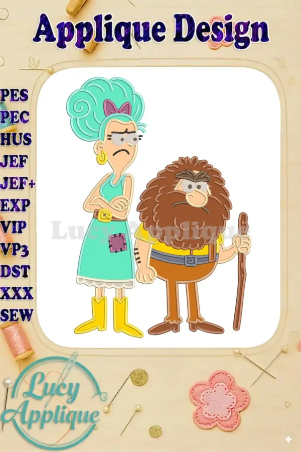 Vibrant applique embroidery design of Mr. and Mrs. Twit, Mrs. with blue-green hair, Mr. with a beard, both looking grumpy.