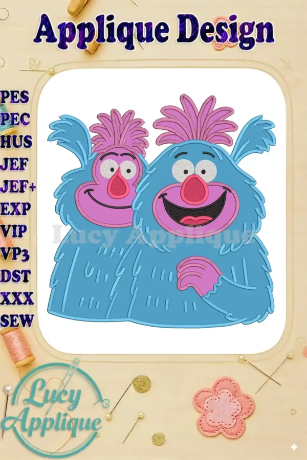 Two cheerful, blue, furry monster-like characters with pink faces and hair, perfect for an applique project.