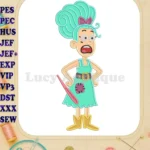 Mrs Twit Applique Embroidery Designs with Teal Hair and Pink Stick - Instant Download