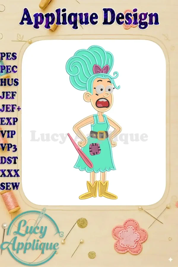 Vibrant Mrs. Twit applique embroidery design, featuring her iconic teal hair, green dress, and pink stick, ready for stitching.