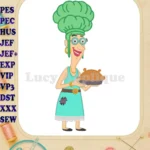 Mrs Twit holding pie applique embroidery designs from The Twits - Instant Download