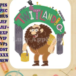Mr. Twit applique design, a large bearded figure with 'TWITLANDIA' sign, perfect for children's items or apparel.