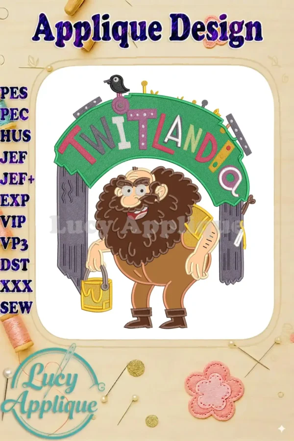 Mr. Twit applique design, a large bearded figure with 'TWITLANDIA' sign, perfect for children's items or apparel.