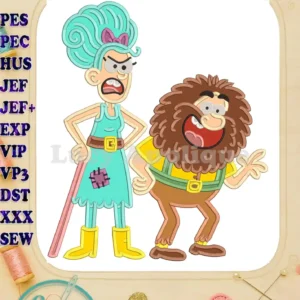 Experience the mischievous Mr. and Mrs. Twit applique embroidery design. Vibrant colors bring these iconic characters to life.