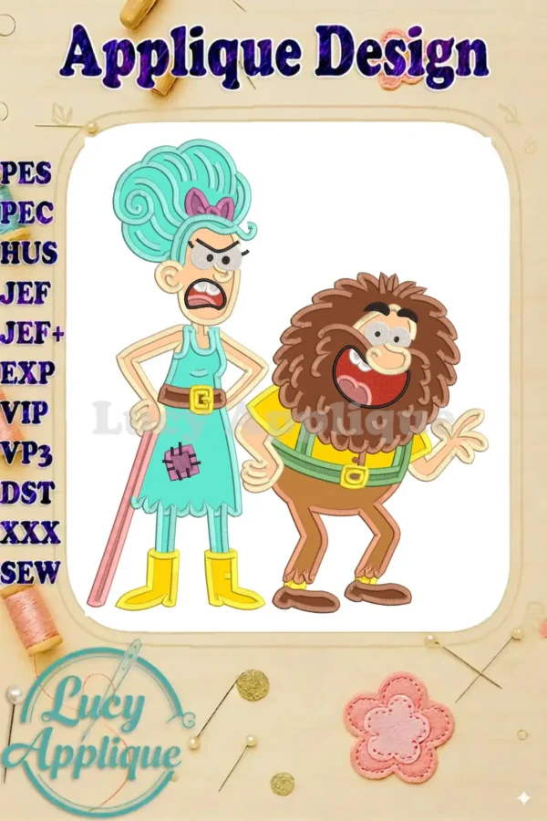 Experience the mischievous Mr. and Mrs. Twit applique embroidery design. Vibrant colors bring these iconic characters to life.