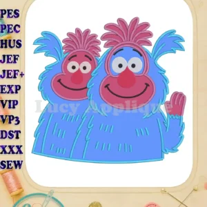 Two cheerful blue furry Muggle-Wumps from The Twits, with pink faces and hair, in a vibrant applique embroidery design.