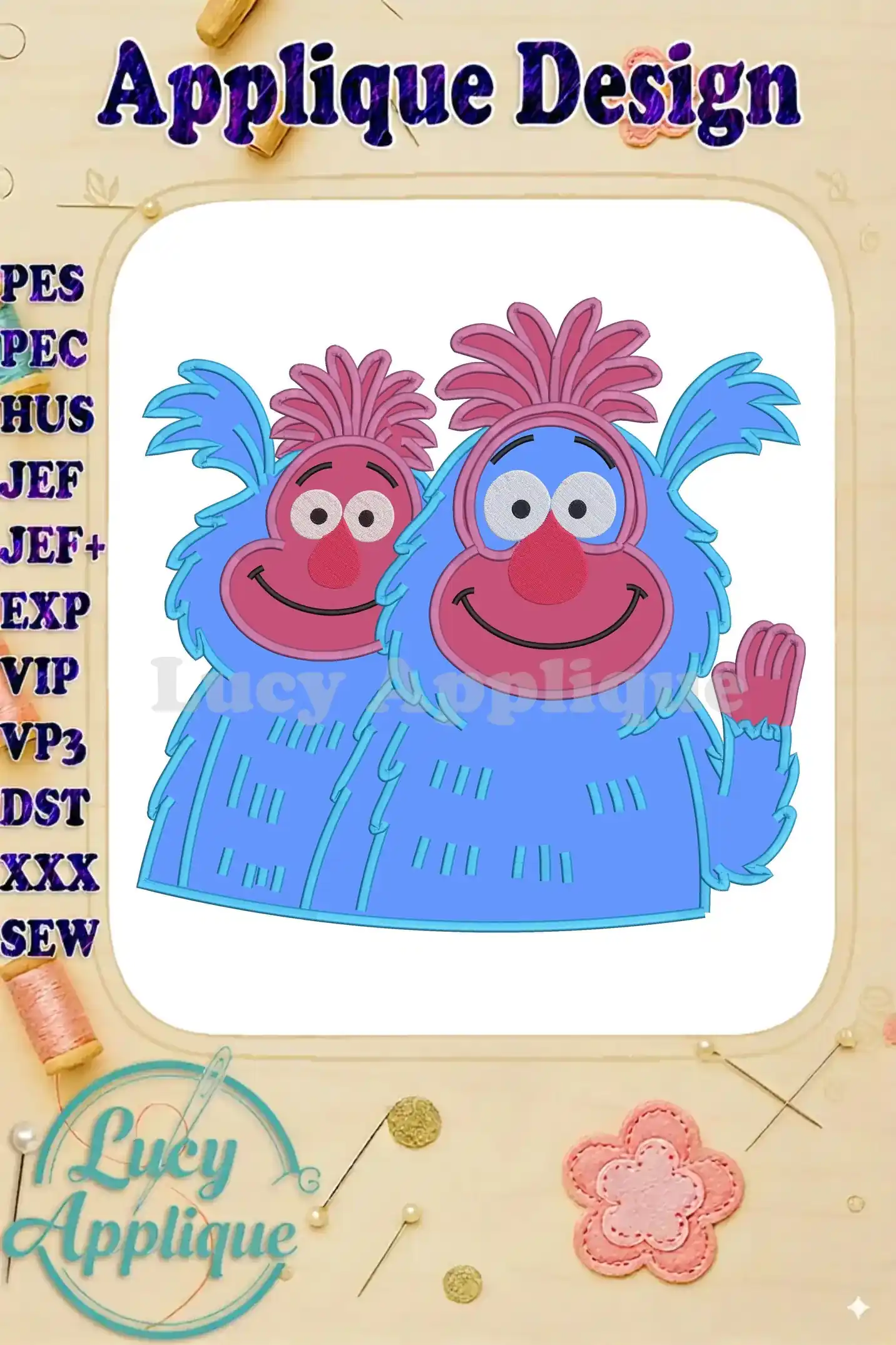 Two cheerful blue furry Muggle-Wumps from The Twits, with pink faces and hair, in a vibrant applique embroidery design.