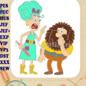 Vibrant applique embroidery of Mrs. Twit scolding Mr. Twit, showcasing their iconic, mischievous characters vividly.