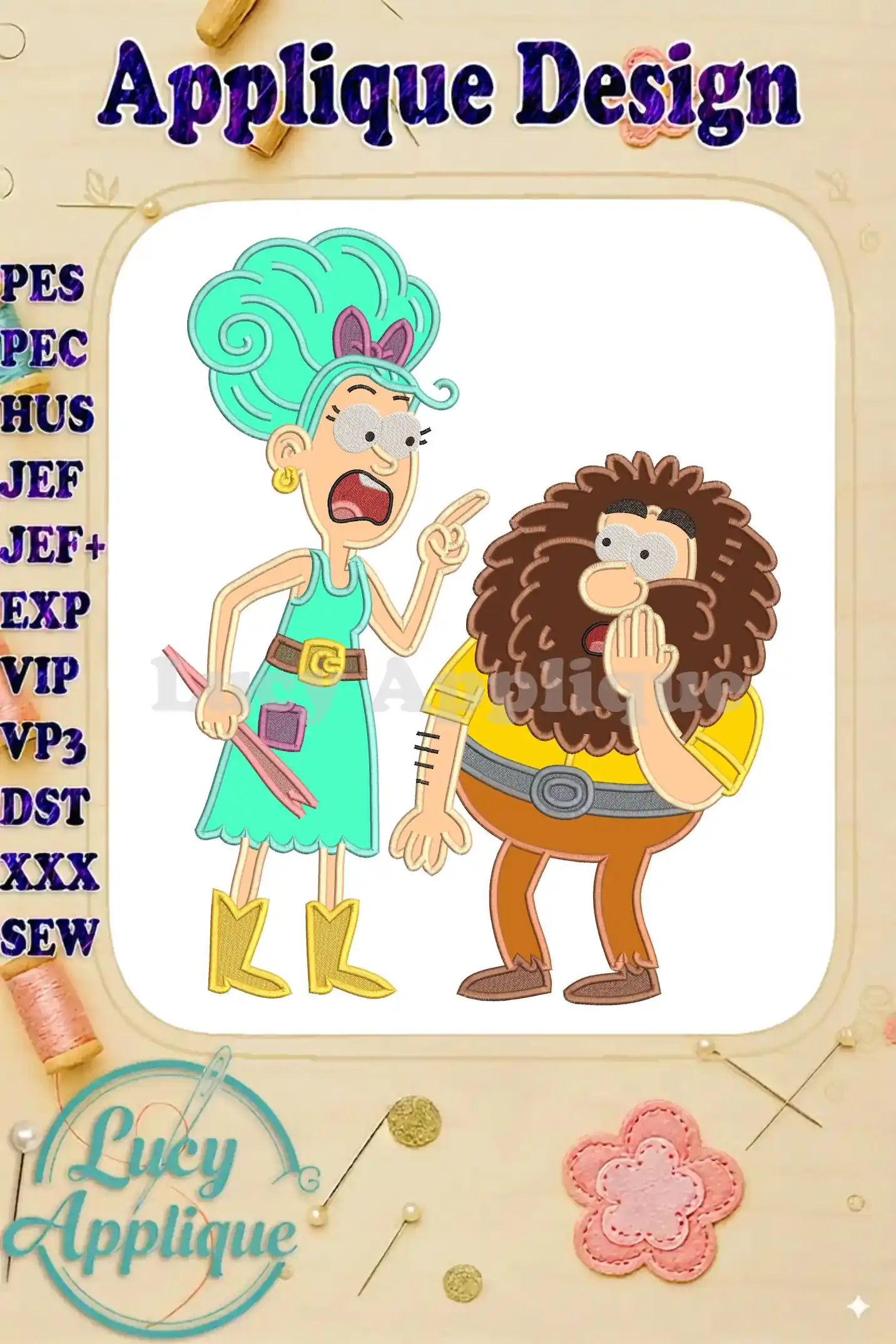 Vibrant applique embroidery of Mrs. Twit scolding Mr. Twit, showcasing their iconic, mischievous characters vividly.